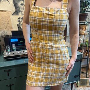 Reformation Linen Plaid Mustard Yellow Mini Dress